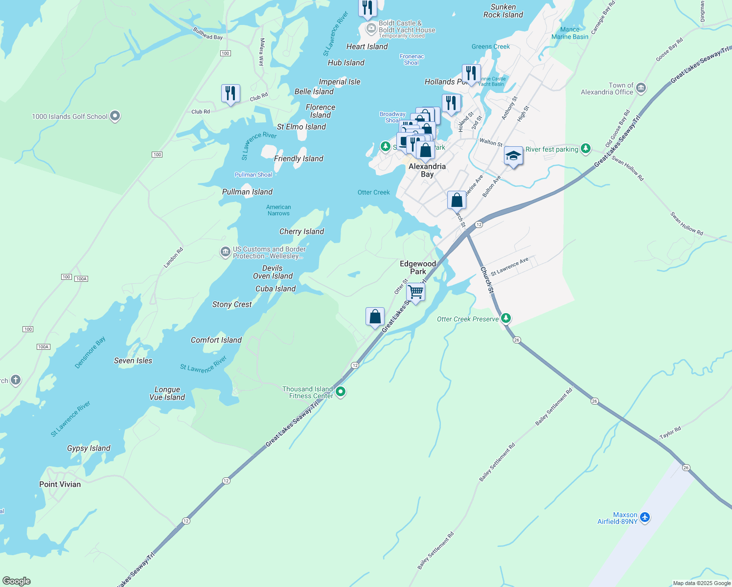 map of restaurants, bars, coffee shops, grocery stores, and more near 45611 Otter Street in Alexandria Bay