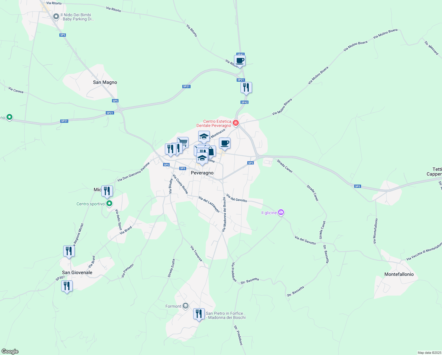 map of restaurants, bars, coffee shops, grocery stores, and more near 37 Via Vittorio Veneto in Peveragno