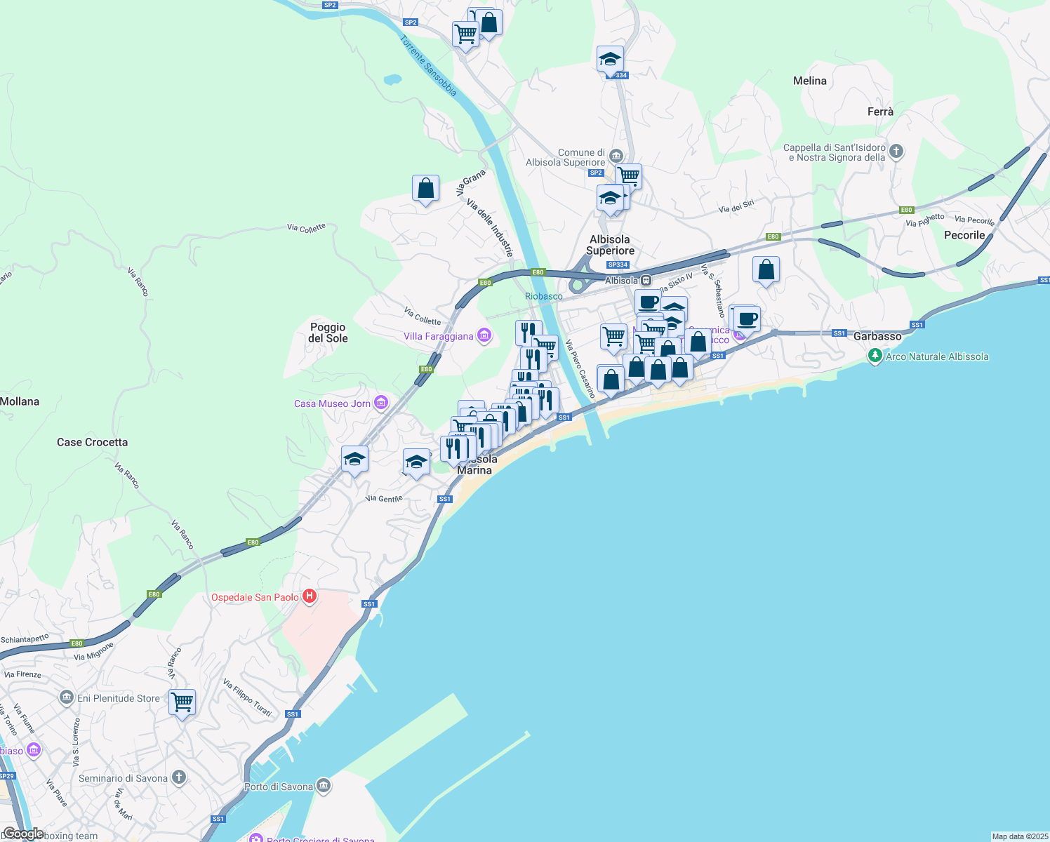 map of restaurants, bars, coffee shops, grocery stores, and more near 4 Via Garbarino in Albissola Marina