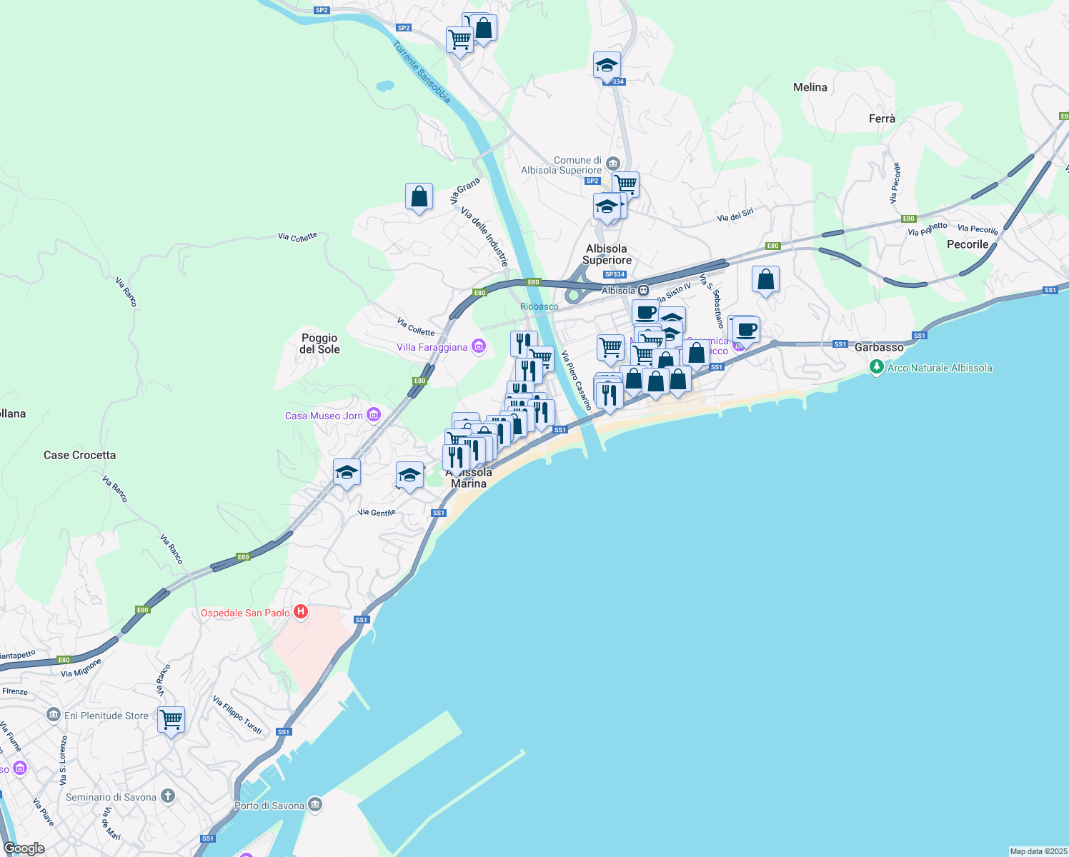 map of restaurants, bars, coffee shops, grocery stores, and more near 41 Via del Forte in Albissola Marina