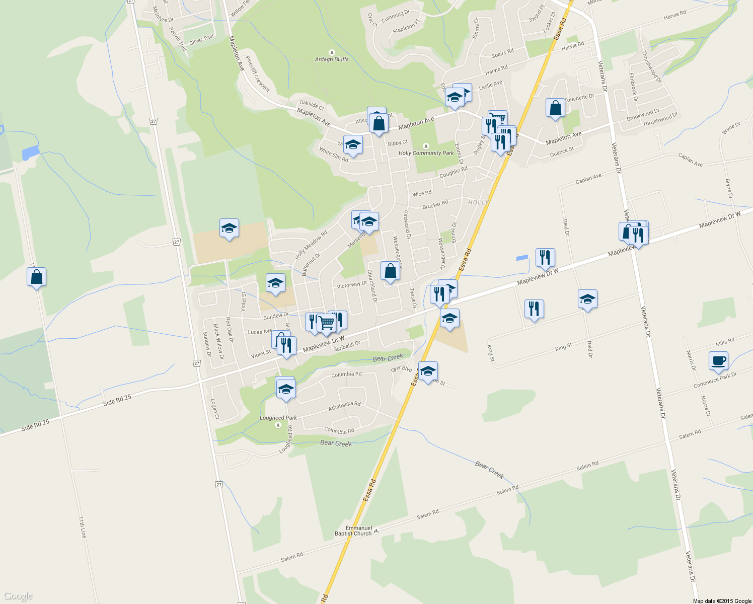 map of restaurants, bars, coffee shops, grocery stores, and more near 1 Charleson Drive in Barrie