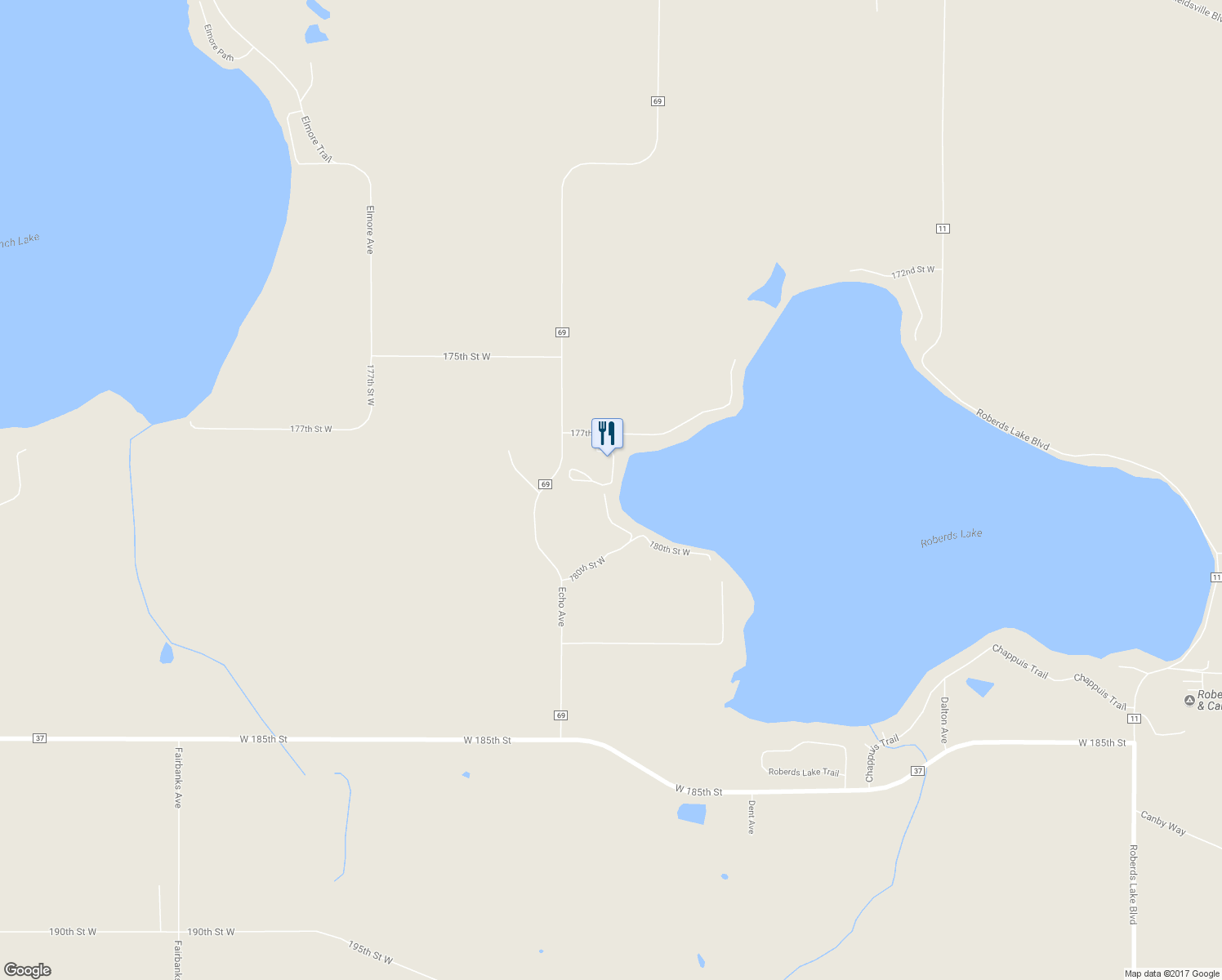 map of restaurants, bars, coffee shops, grocery stores, and more near 17805 180th Street West in Faribault