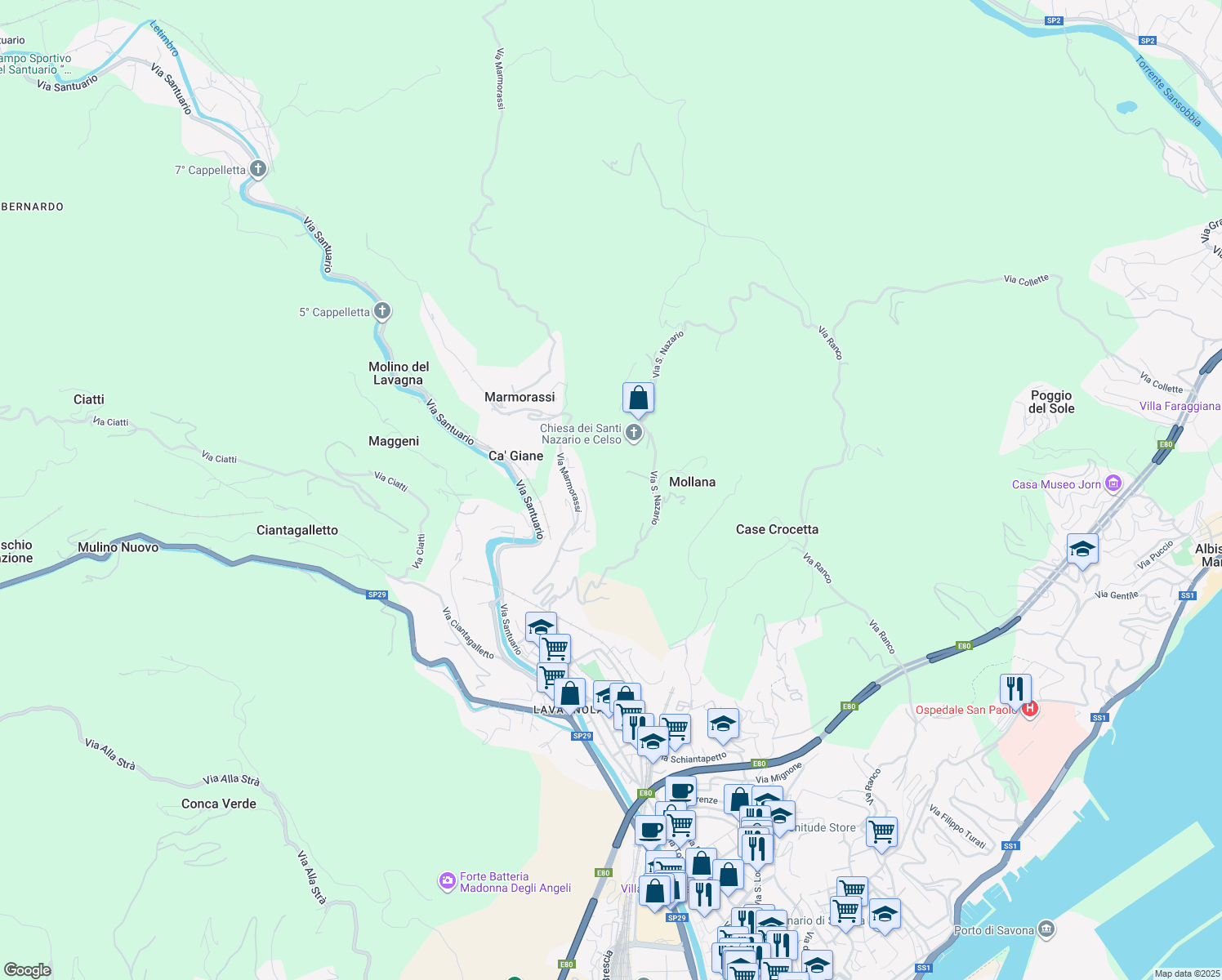 map of restaurants, bars, coffee shops, grocery stores, and more near 11 Via San Nazario in Provincia di Savona