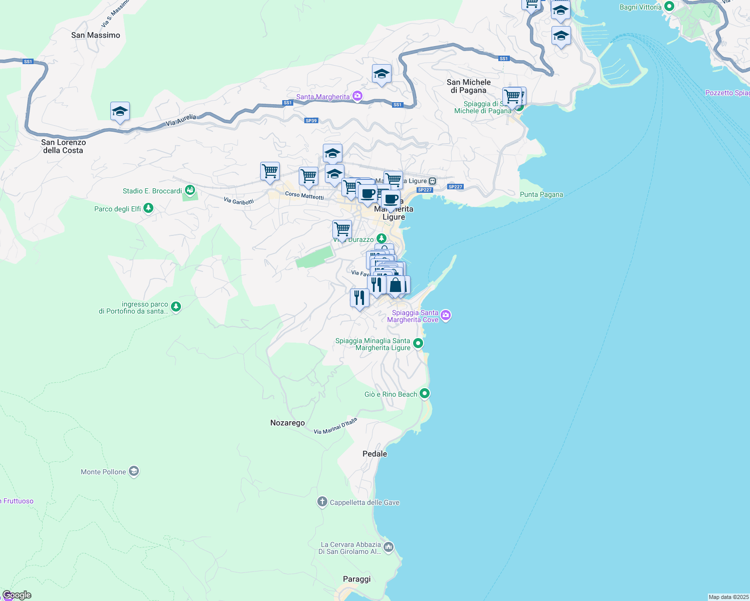 map of restaurants, bars, coffee shops, grocery stores, and more near 9 Via Monte Nevoso in Santa Margherita Ligure
