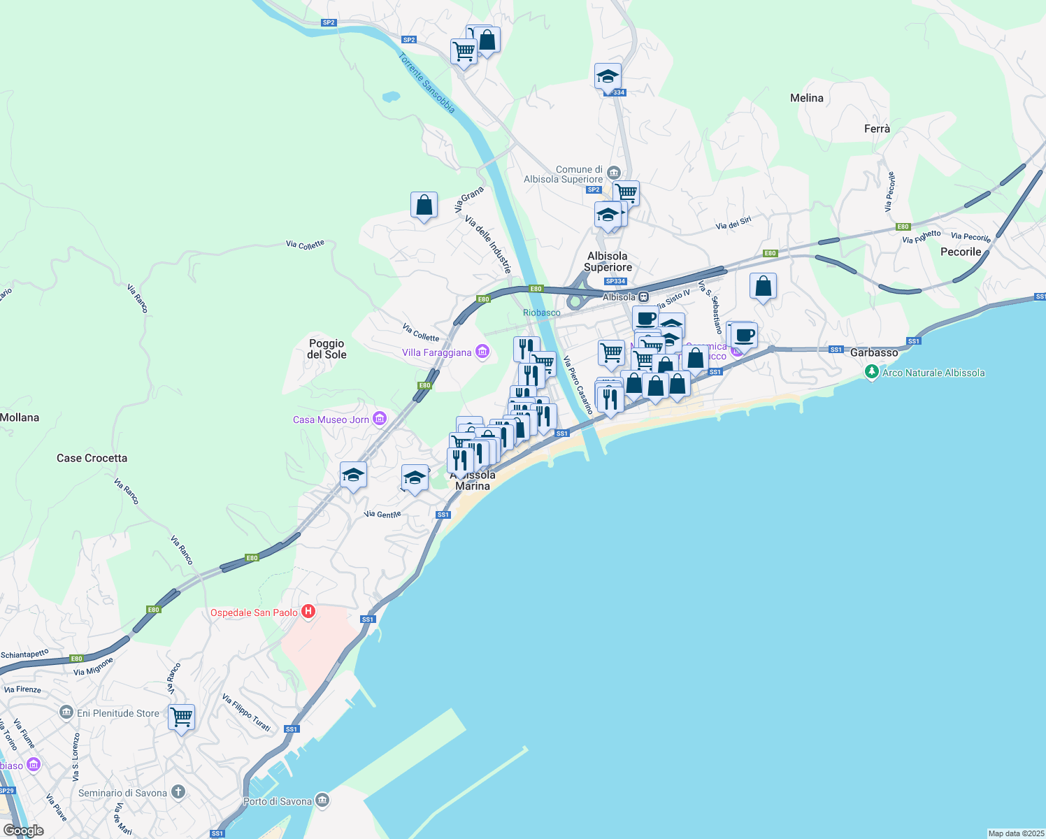 map of restaurants, bars, coffee shops, grocery stores, and more near 41 Via del Forte in Albissola Marina