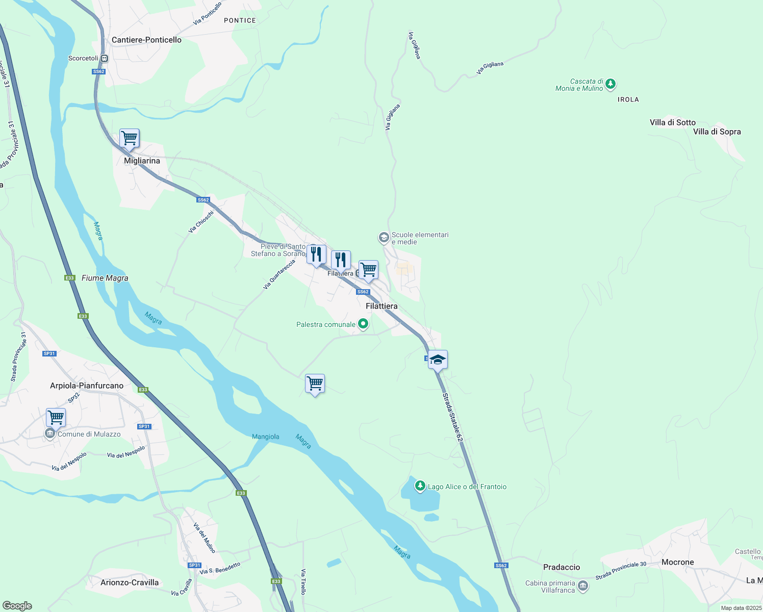 map of restaurants, bars, coffee shops, grocery stores, and more near in Filattiera