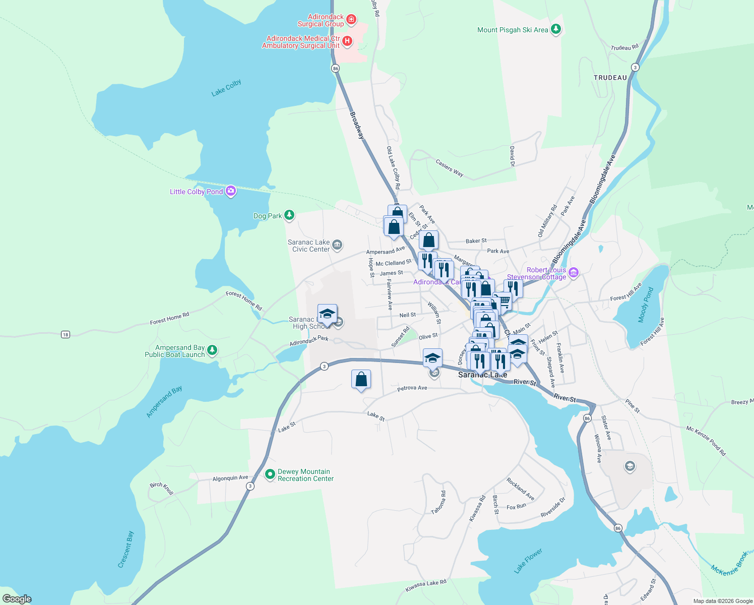 map of restaurants, bars, coffee shops, grocery stores, and more near 105 Mcintyre St in Saranac Lake