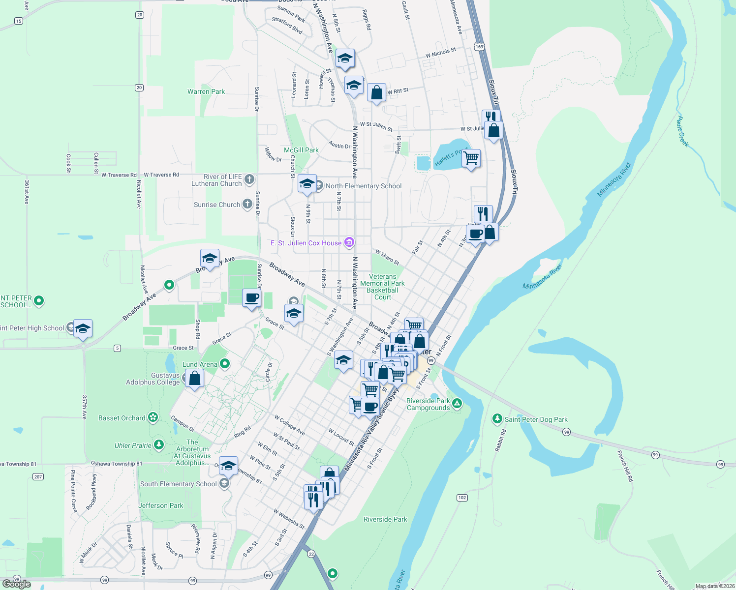 map of restaurants, bars, coffee shops, grocery stores, and more near 216 North 5th Street in Saint Peter
