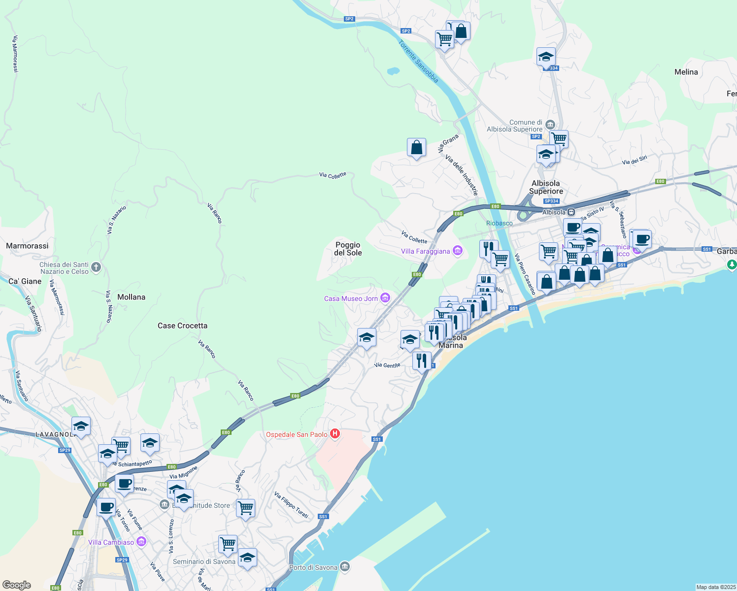 map of restaurants, bars, coffee shops, grocery stores, and more near 65 Via Poggio dell'Orizzonte in Albissola Marina