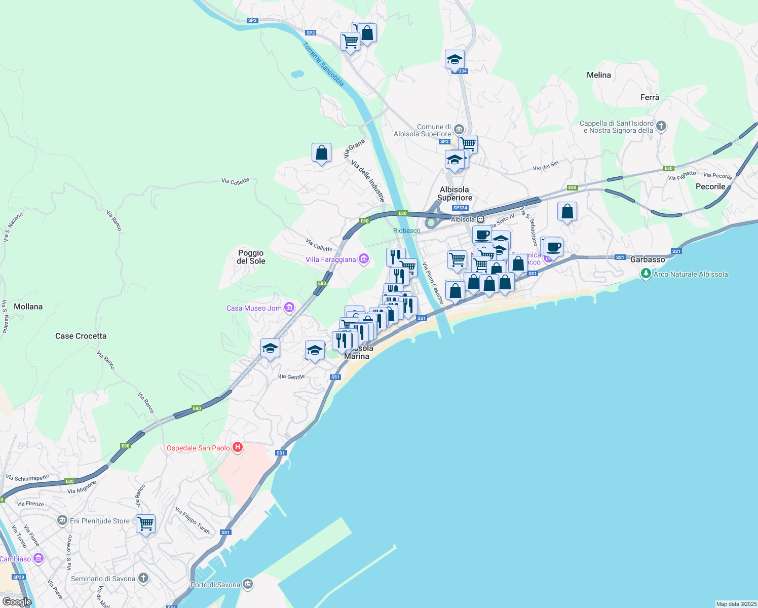 map of restaurants, bars, coffee shops, grocery stores, and more near 31 Via Salomoni in Albissola Marina