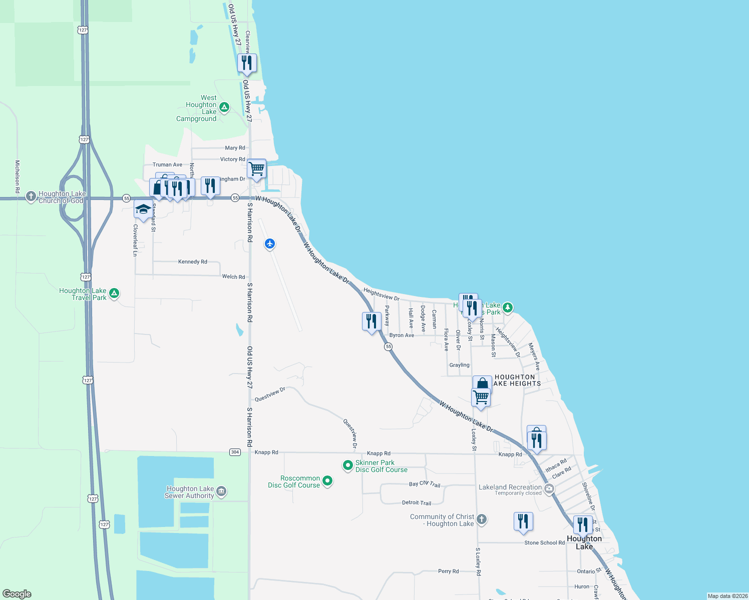 map of restaurants, bars, coffee shops, grocery stores, and more near 111 Scenic Ave in Roscommon Township