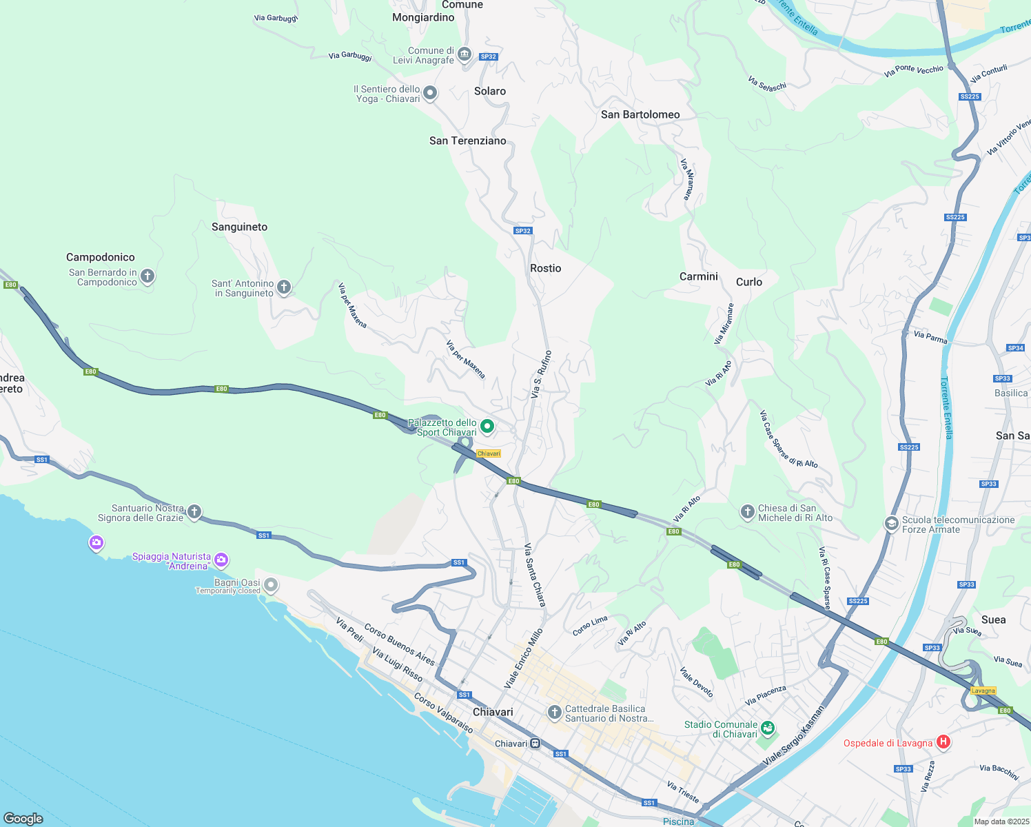 map of restaurants, bars, coffee shops, grocery stores, and more near 7 Via Maxena in Chiavari