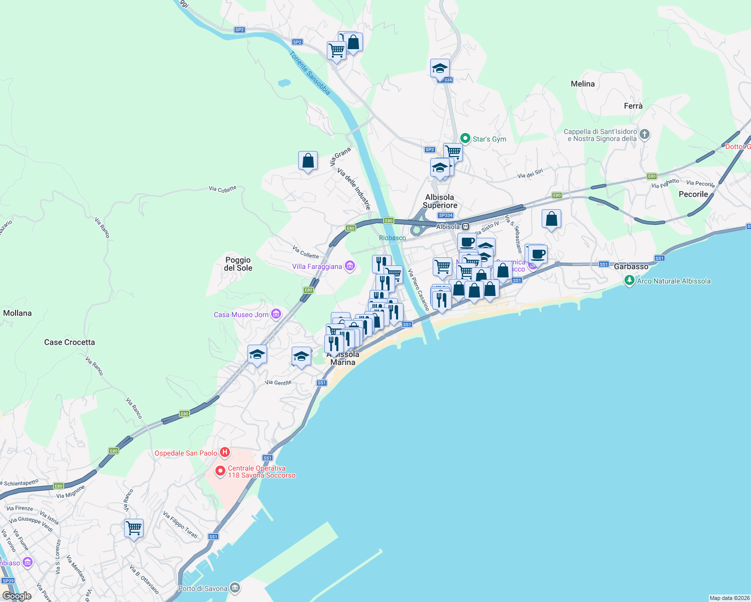 map of restaurants, bars, coffee shops, grocery stores, and more near 41 Via del Forte in Albissola Marina