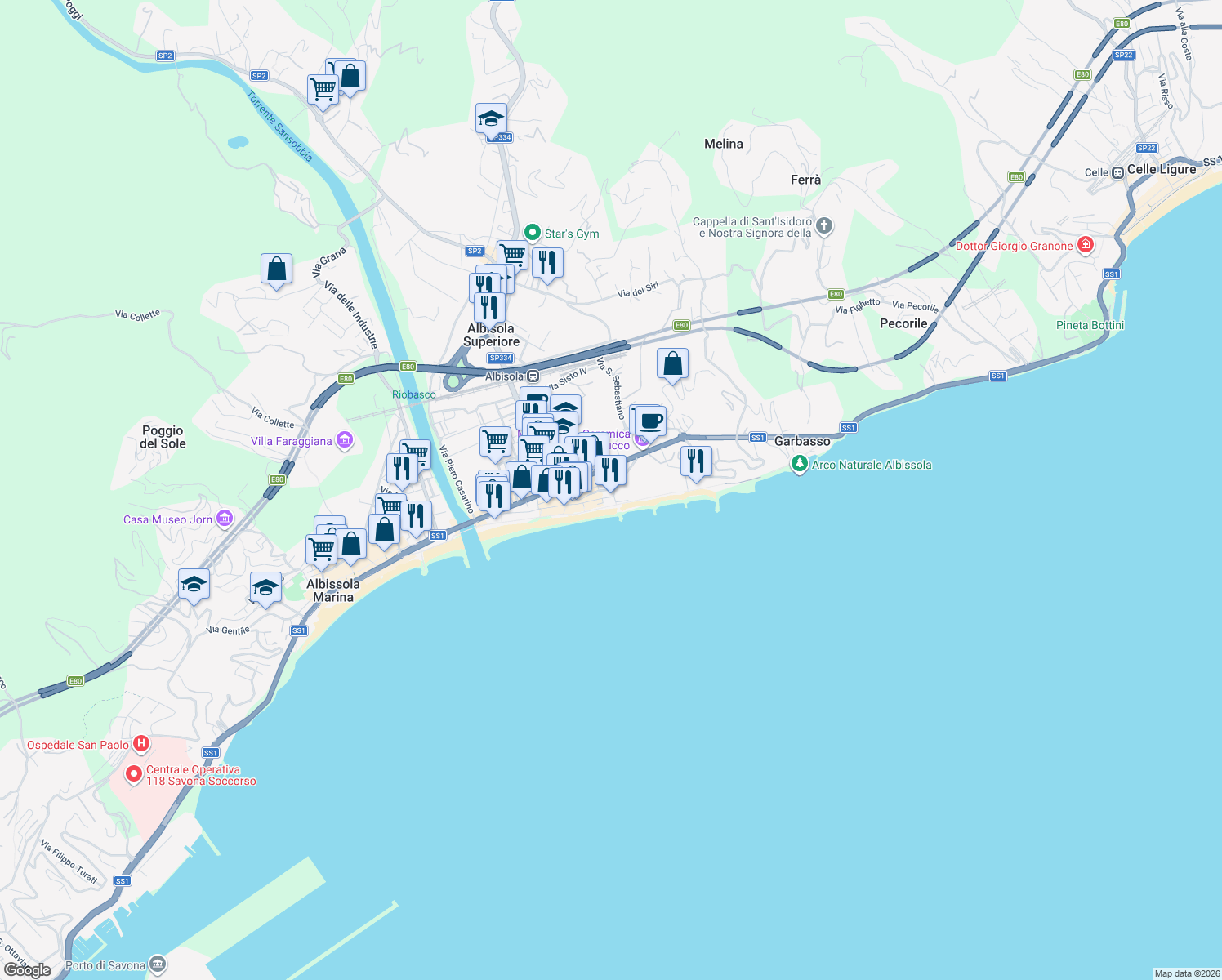 map of restaurants, bars, coffee shops, grocery stores, and more near 37 Via San Giorgio in Albisola Superiore
