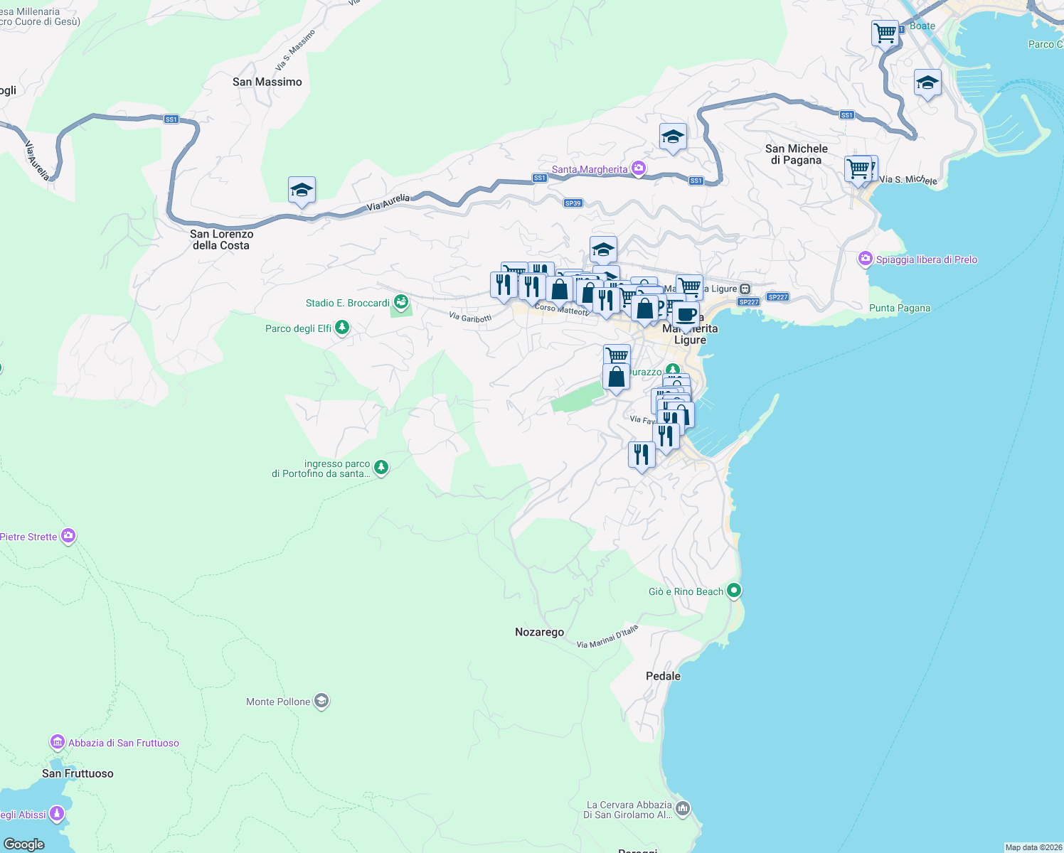 map of restaurants, bars, coffee shops, grocery stores, and more near 81 Via Dogali in Santa Margherita Ligure