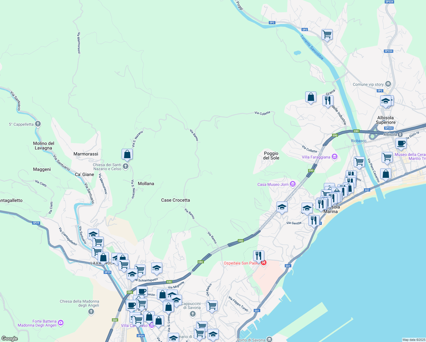 map of restaurants, bars, coffee shops, grocery stores, and more near 54 Via Ranco in Provincia di Savona