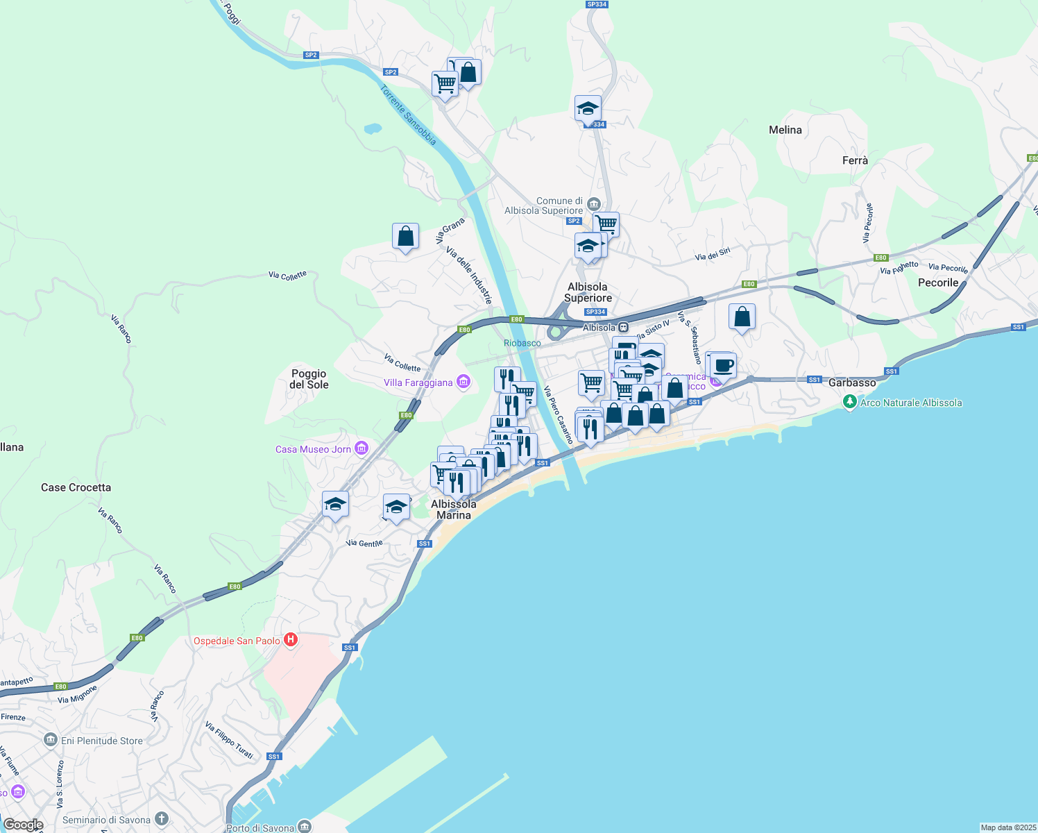 map of restaurants, bars, coffee shops, grocery stores, and more near 18 Corso Perata in Albissola Marina