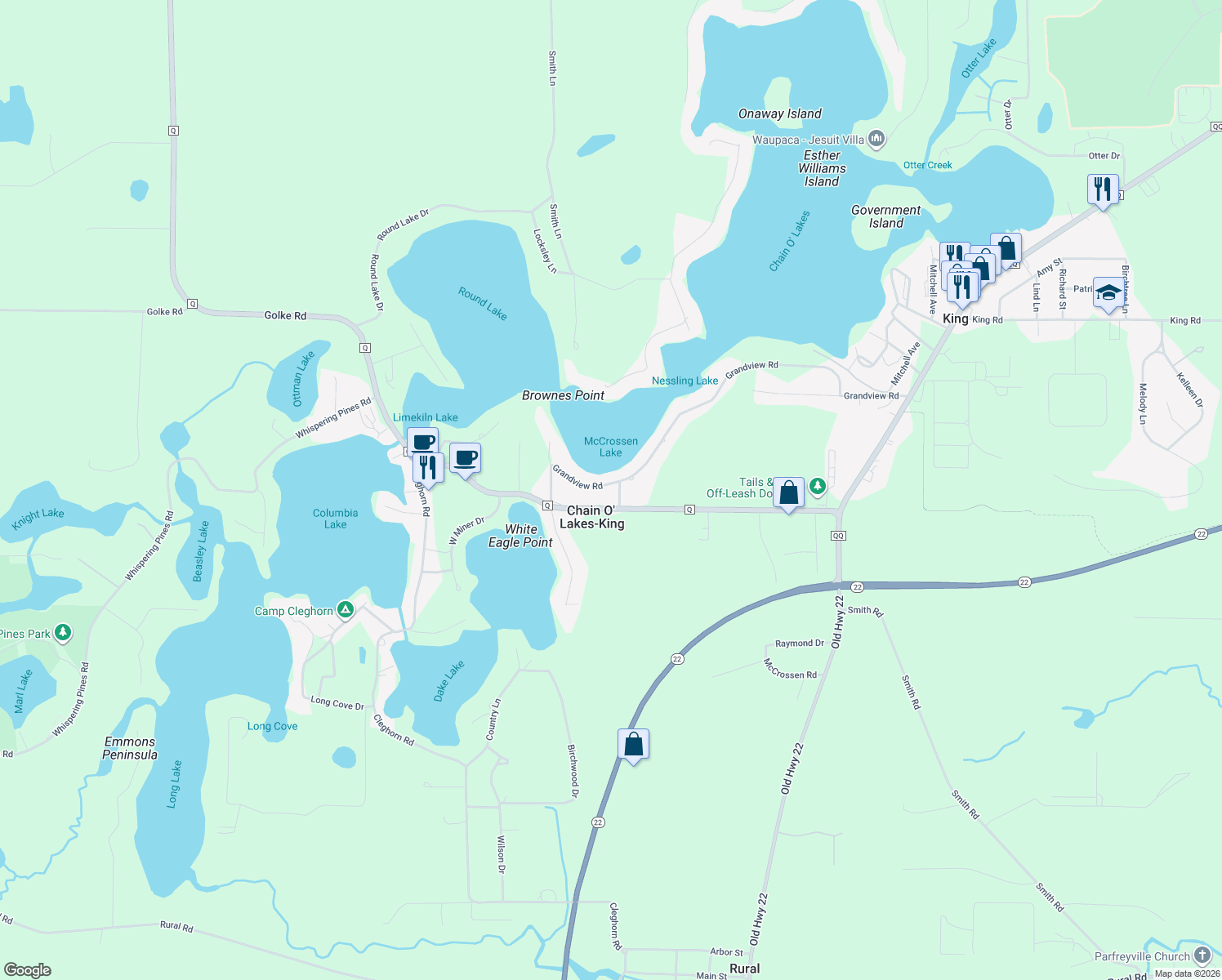 map of restaurants, bars, coffee shops, grocery stores, and more near E1373 Grandview Road in Waupaca