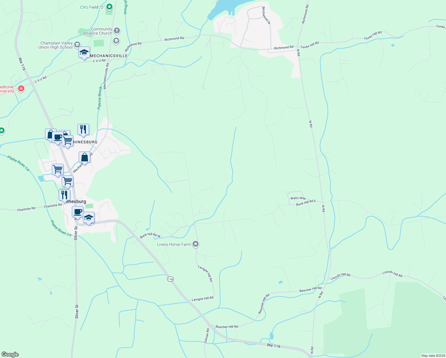 map of restaurants, bars, coffee shops, grocery stores, and more near 229 High Rock Road in Hinesburg