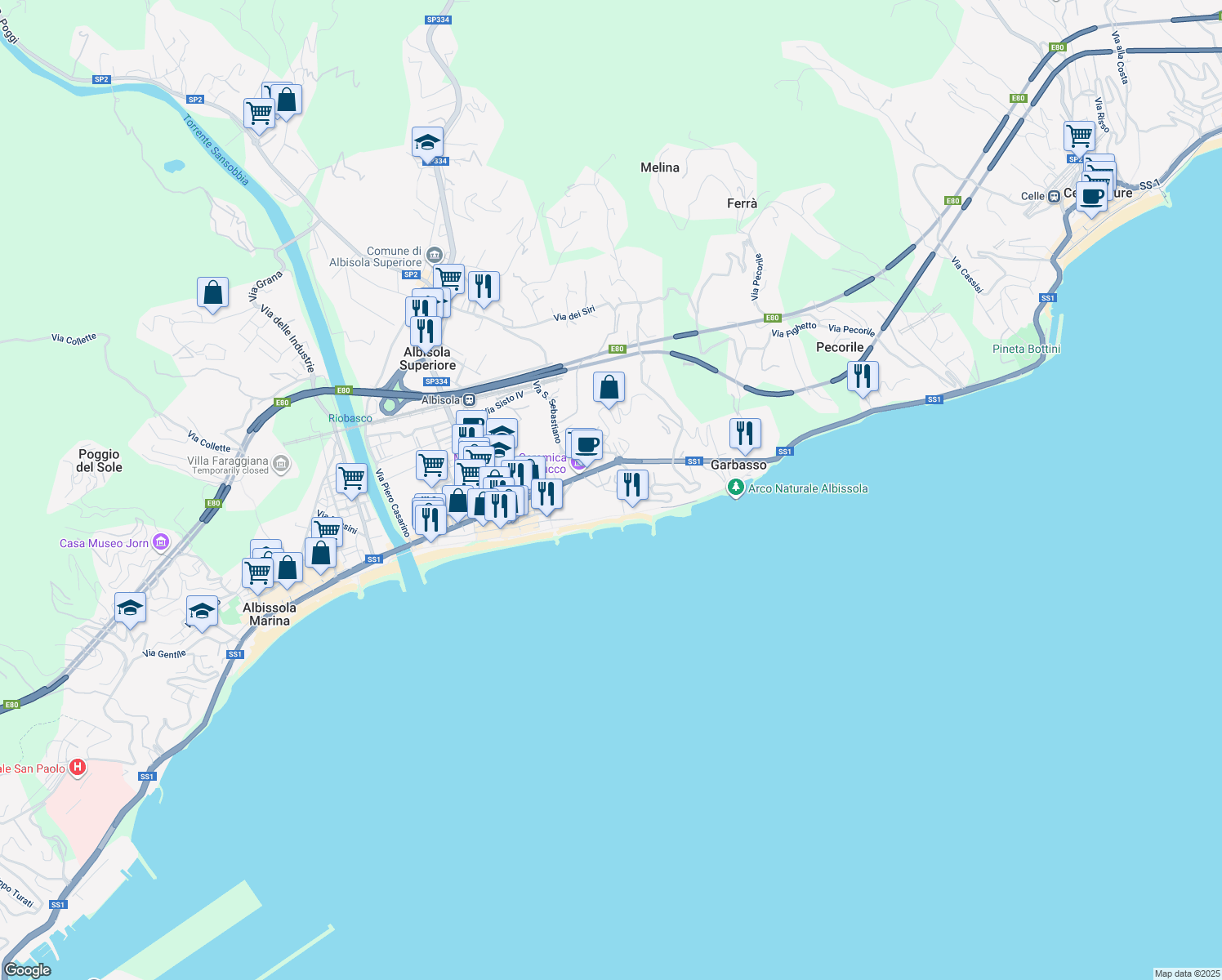 map of restaurants, bars, coffee shops, grocery stores, and more near 1 Via al Mare in Albisola Superiore