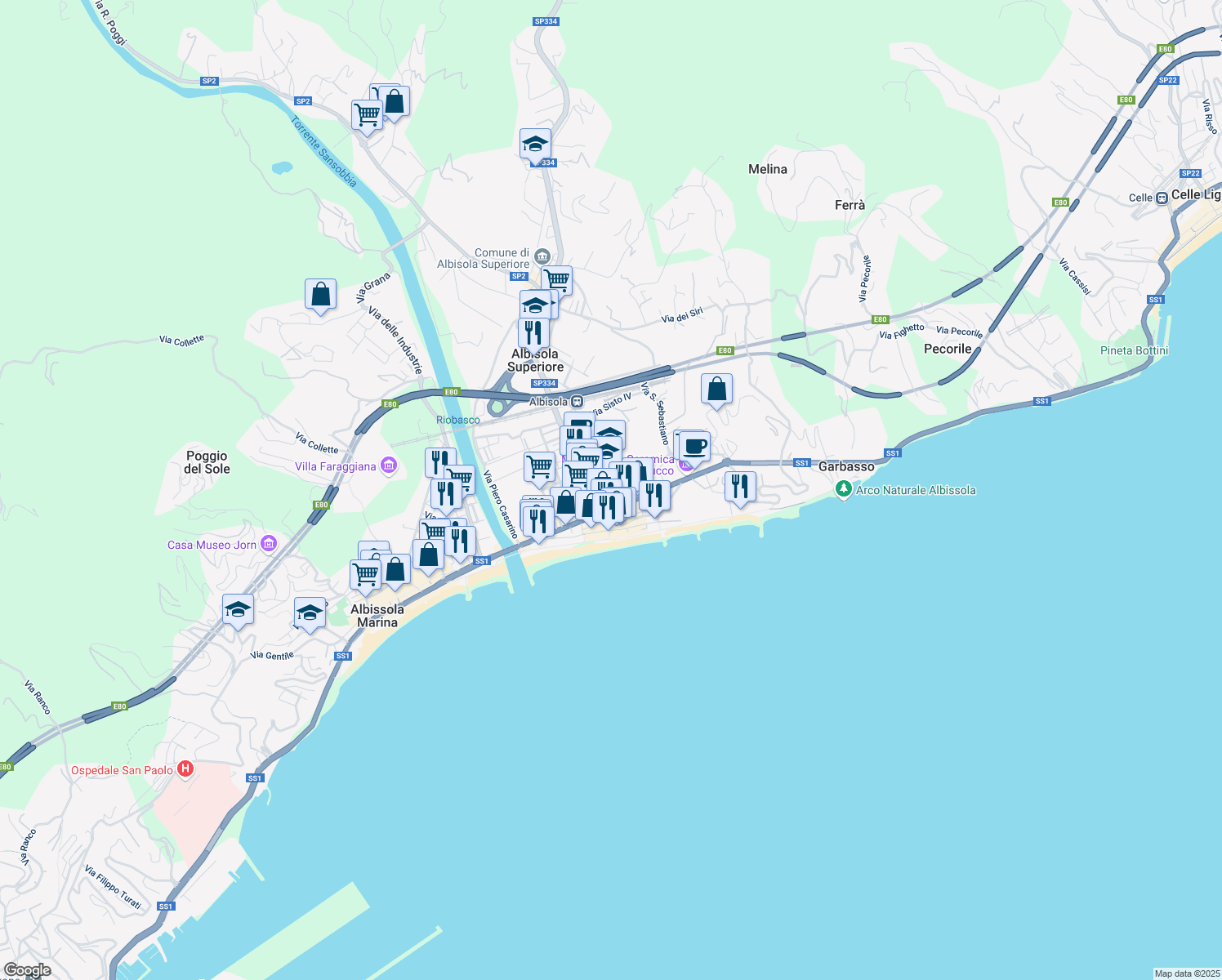 map of restaurants, bars, coffee shops, grocery stores, and more near 138 Corso Ferrari in Albisola Superiore
