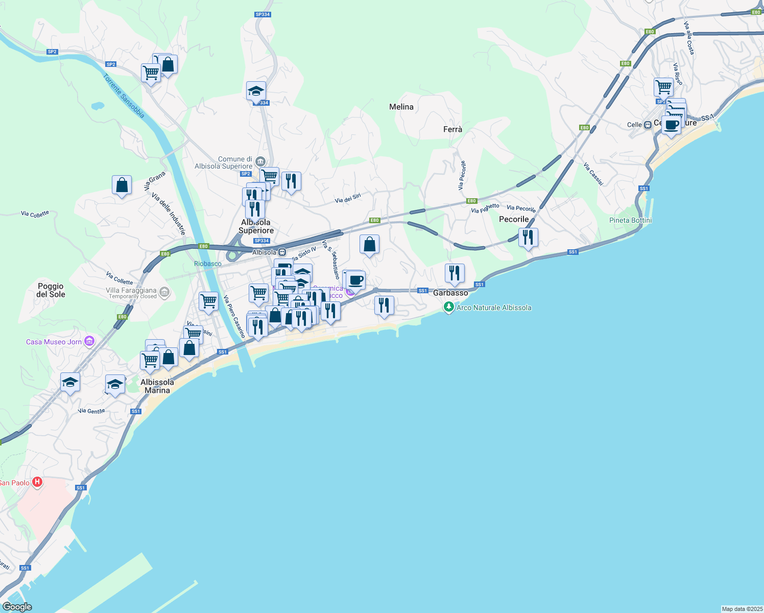 map of restaurants, bars, coffee shops, grocery stores, and more near 1 Via al Mare in Albisola Superiore