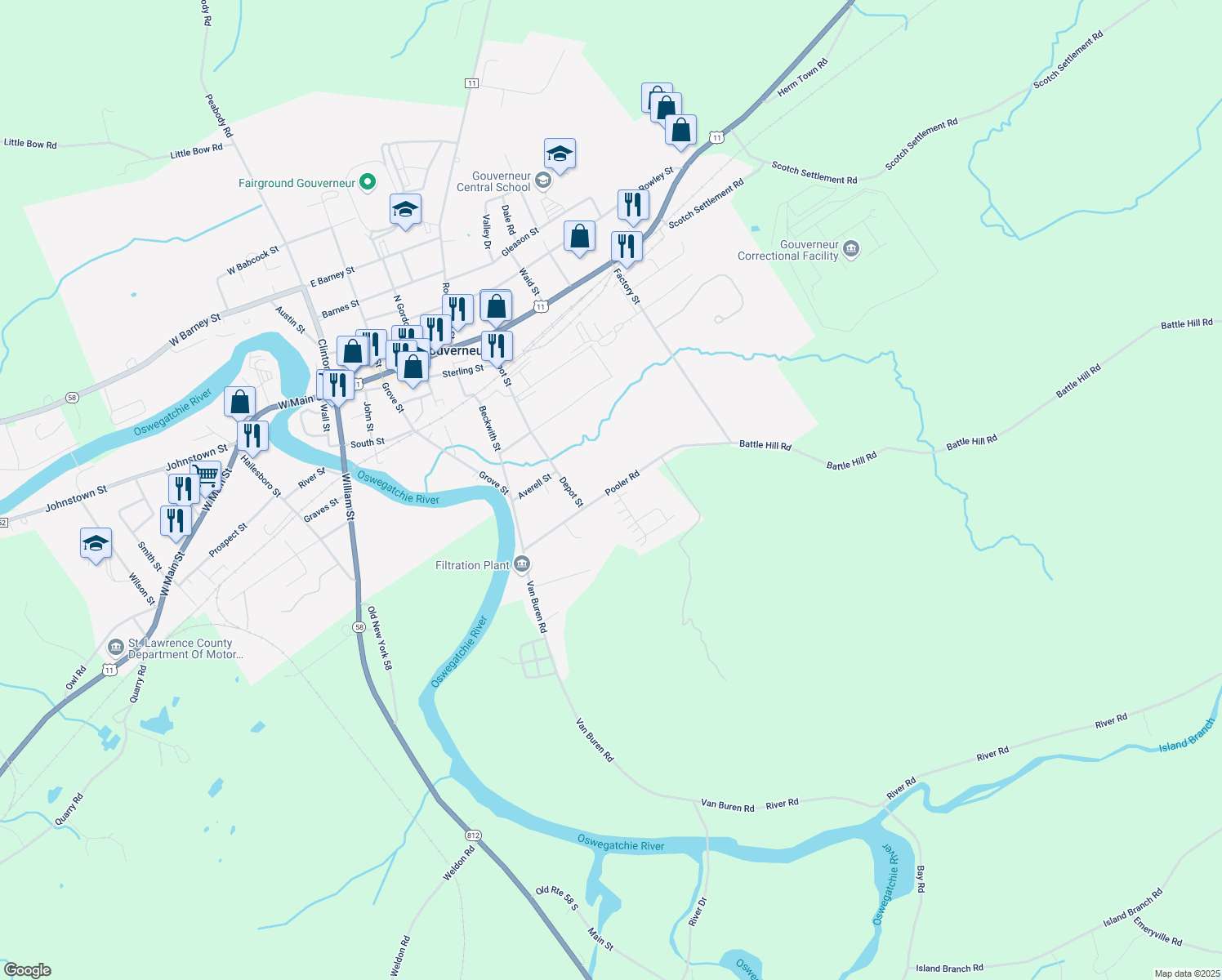 map of restaurants, bars, coffee shops, grocery stores, and more near 81 Pooler Rd in Gouverneur