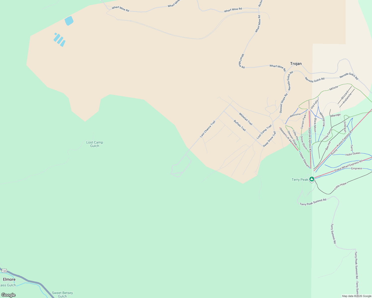 map of restaurants, bars, coffee shops, grocery stores, and more near Last Chance Trail in Lead