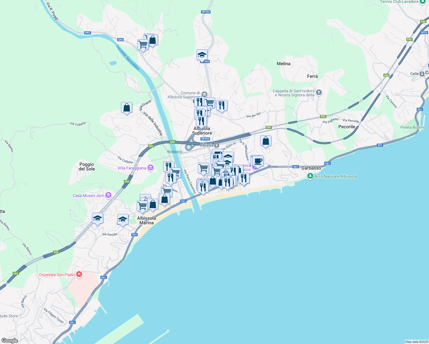 map of restaurants, bars, coffee shops, grocery stores, and more near 6 Via dei Capello in Albisola Superiore