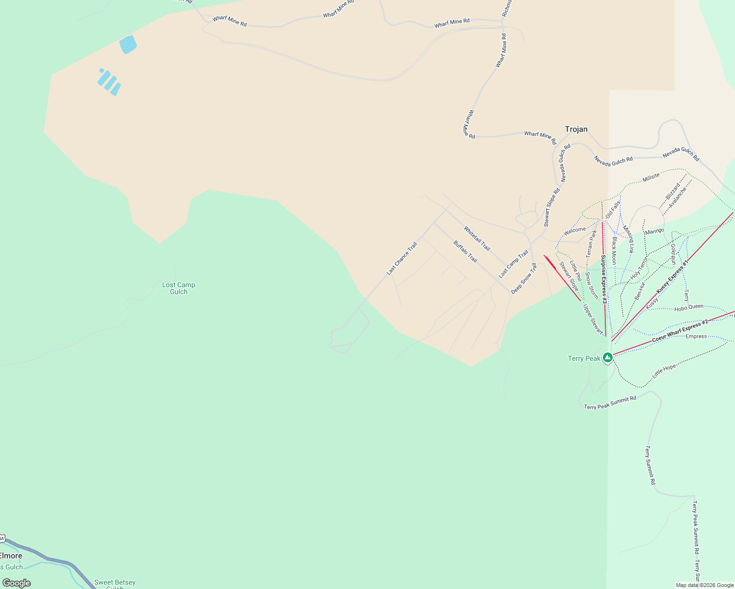 map of restaurants, bars, coffee shops, grocery stores, and more near Last Chance Trail in Lead