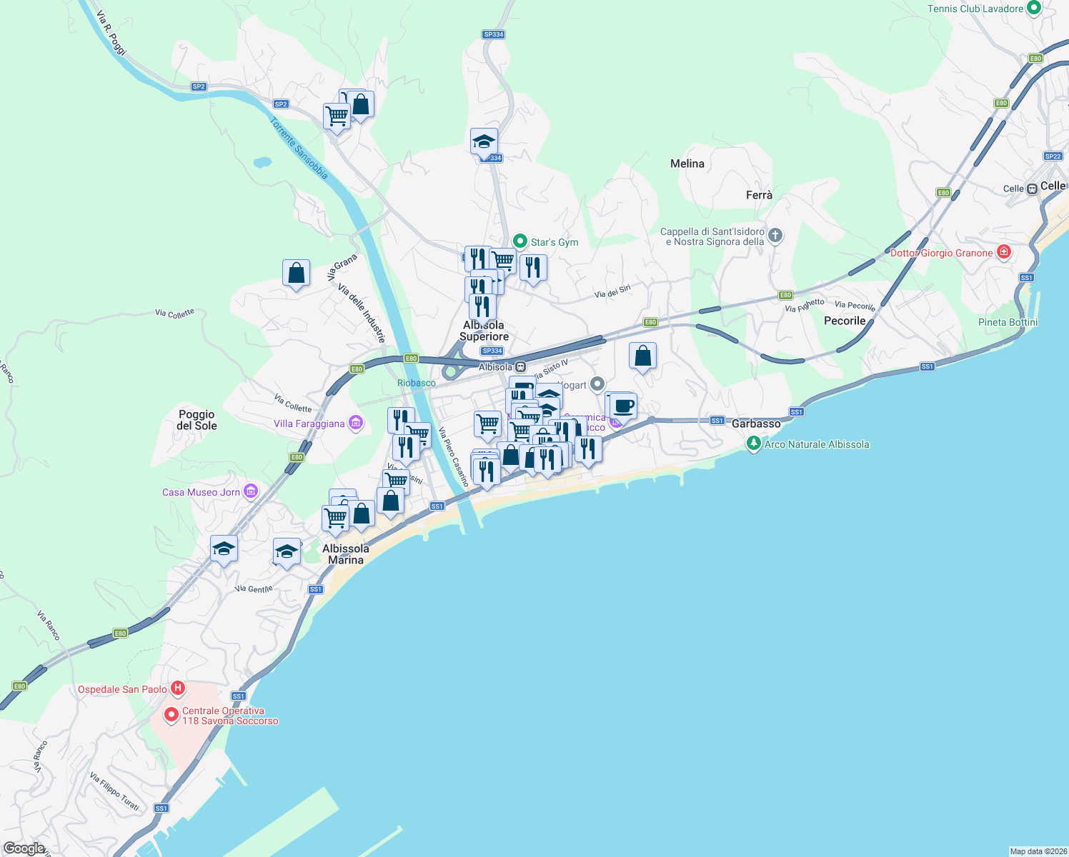 map of restaurants, bars, coffee shops, grocery stores, and more near 6 Via dei Capello in Albisola Superiore