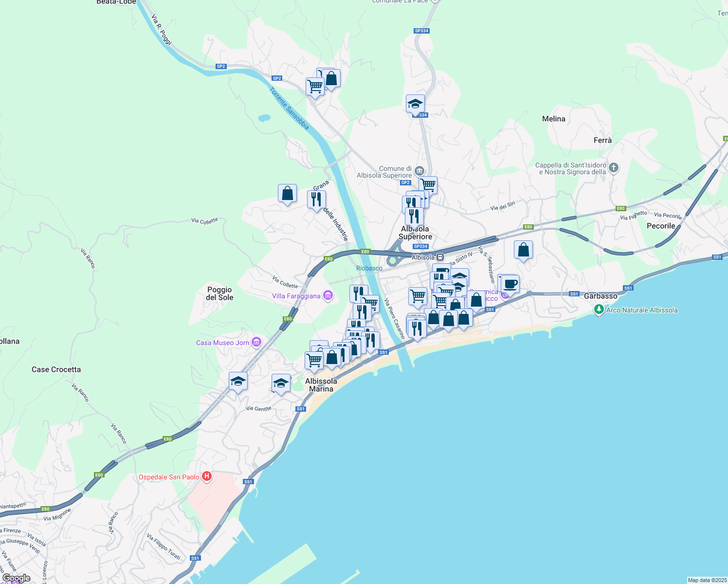 map of restaurants, bars, coffee shops, grocery stores, and more near Via Sansobbia in Albissola Marina