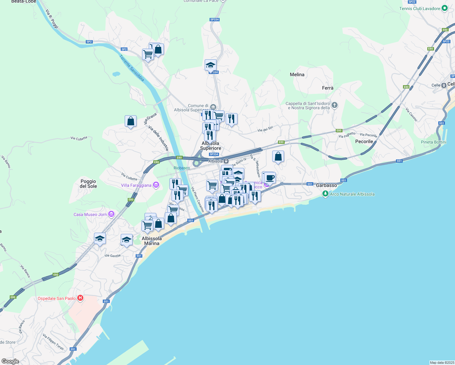 map of restaurants, bars, coffee shops, grocery stores, and more near 6 Via dei Capello in Albisola Superiore