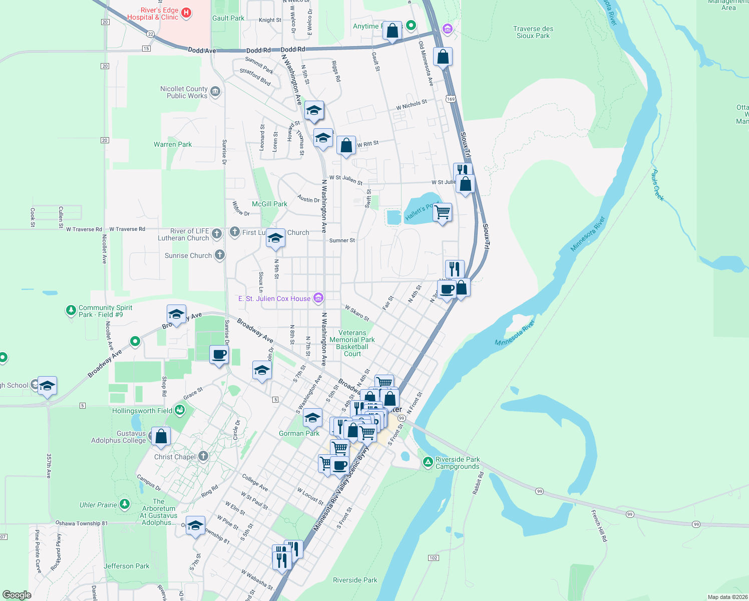 map of restaurants, bars, coffee shops, grocery stores, and more near 455 West Swift Street in Saint Peter