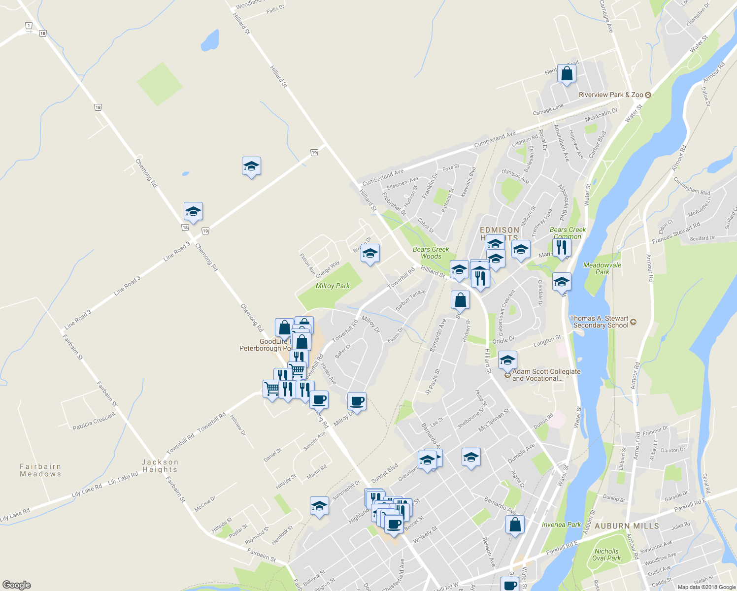 map of restaurants, bars, coffee shops, grocery stores, and more near 152 Towerhill Road in Peterborough