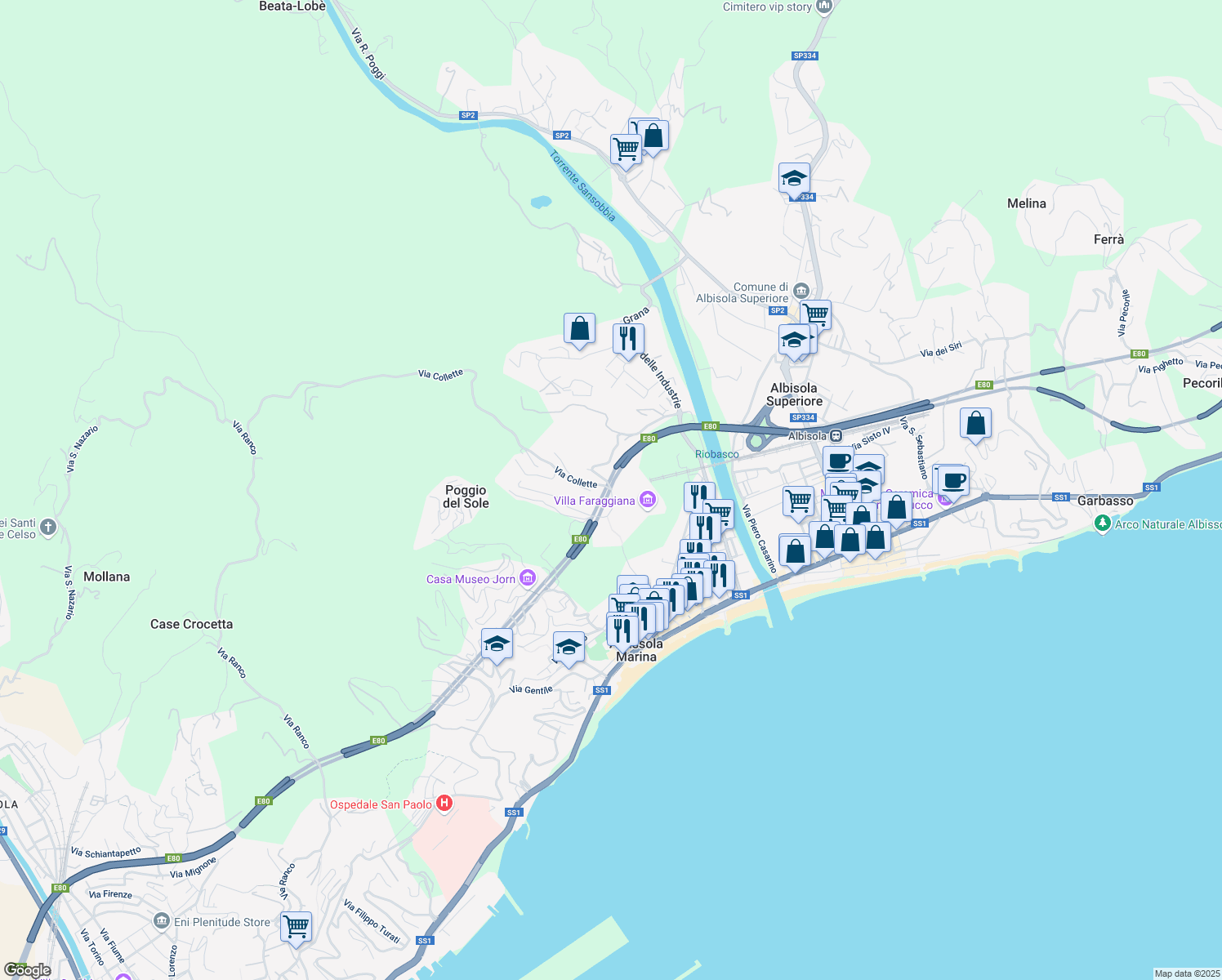 map of restaurants, bars, coffee shops, grocery stores, and more near Via delle Rogazioni in Albissola Marina