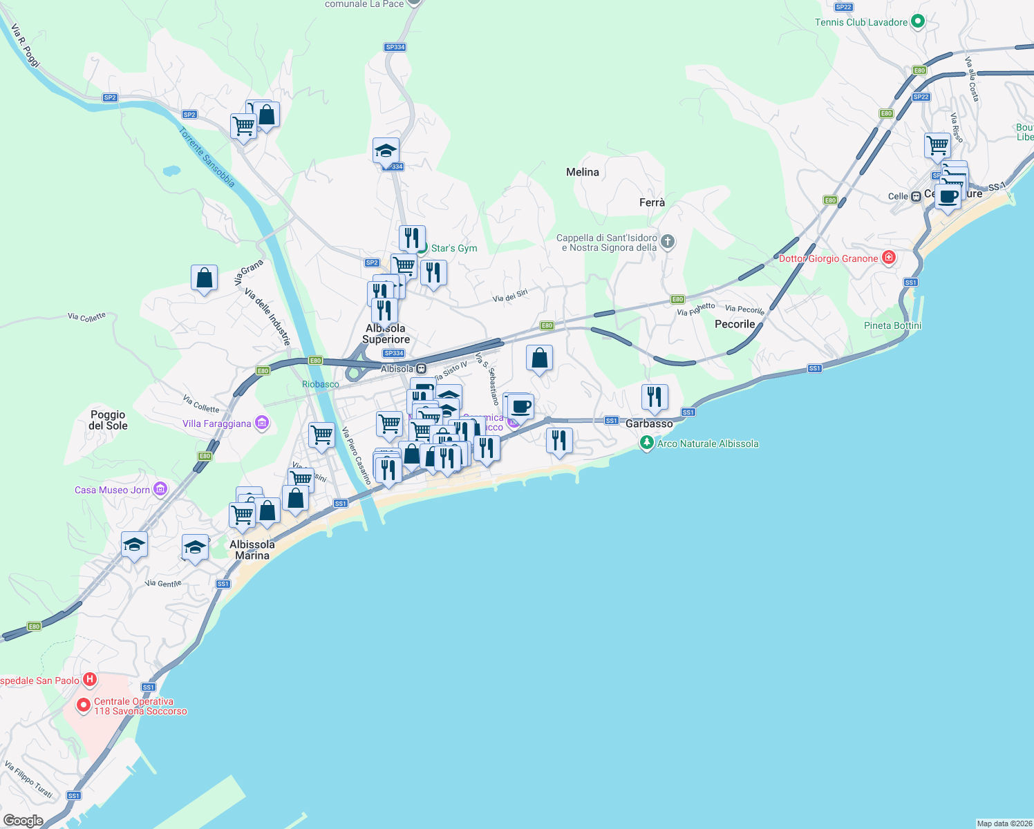 map of restaurants, bars, coffee shops, grocery stores, and more near 10 Via Alba Docilia in Albisola Superiore