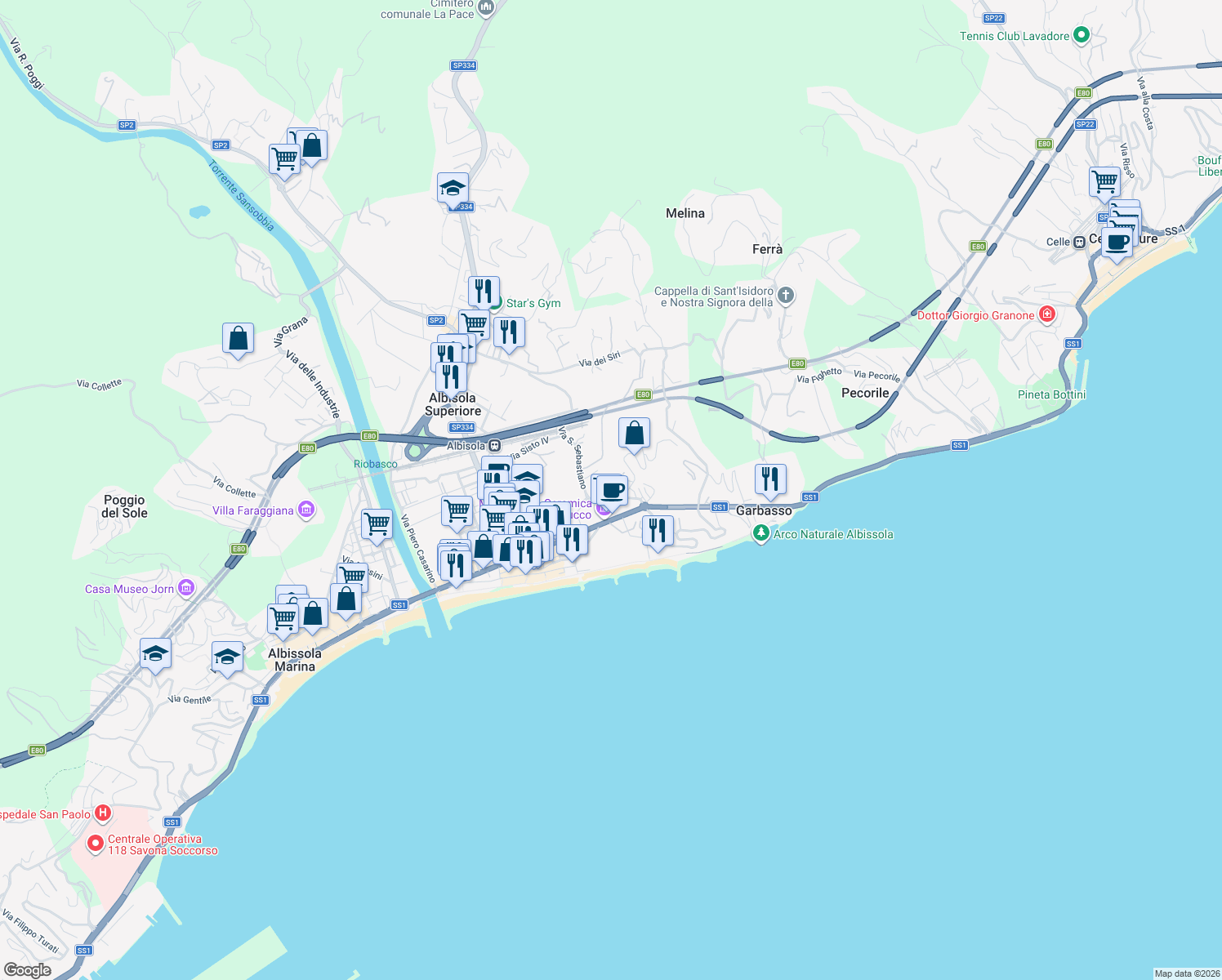 map of restaurants, bars, coffee shops, grocery stores, and more near 10 Via Alba Docilia in Albisola Superiore