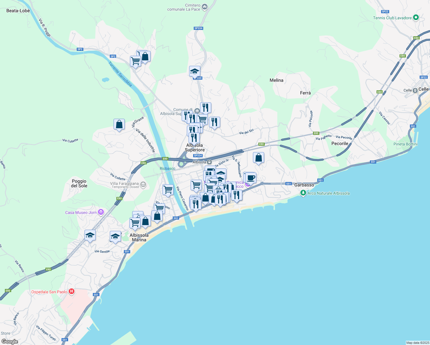 map of restaurants, bars, coffee shops, grocery stores, and more near Via Sisto IV in Albisola Superiore