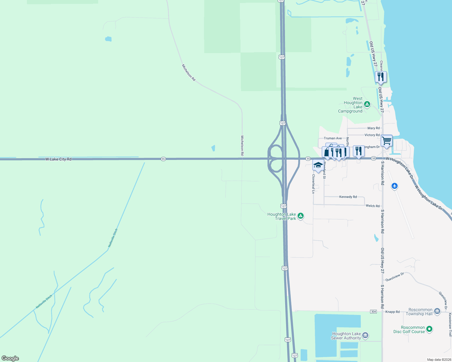 map of restaurants, bars, coffee shops, grocery stores, and more near Lone Pine Rd in Roscommon Township
