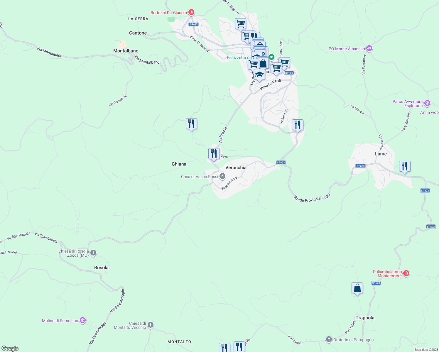 map of restaurants, bars, coffee shops, grocery stores, and more near 111B Via dei Tozzi in Verucchia