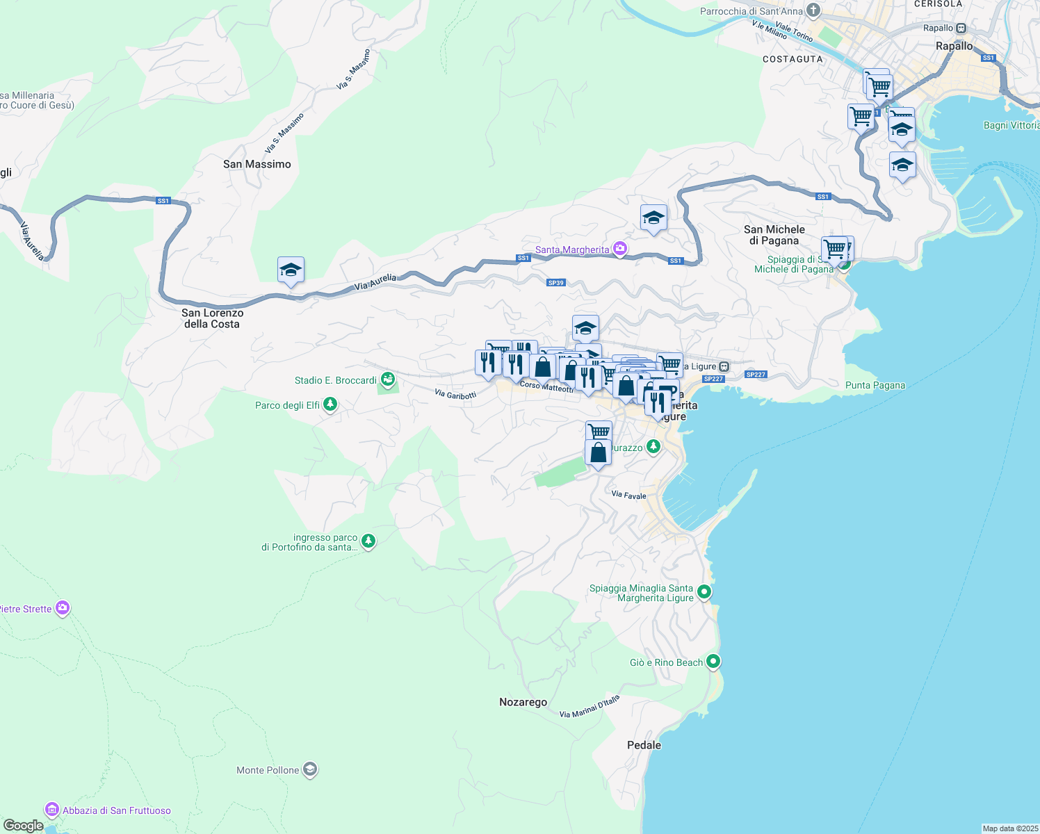 map of restaurants, bars, coffee shops, grocery stores, and more near 9 Via G. B. Larco in Santa Margherita Ligure