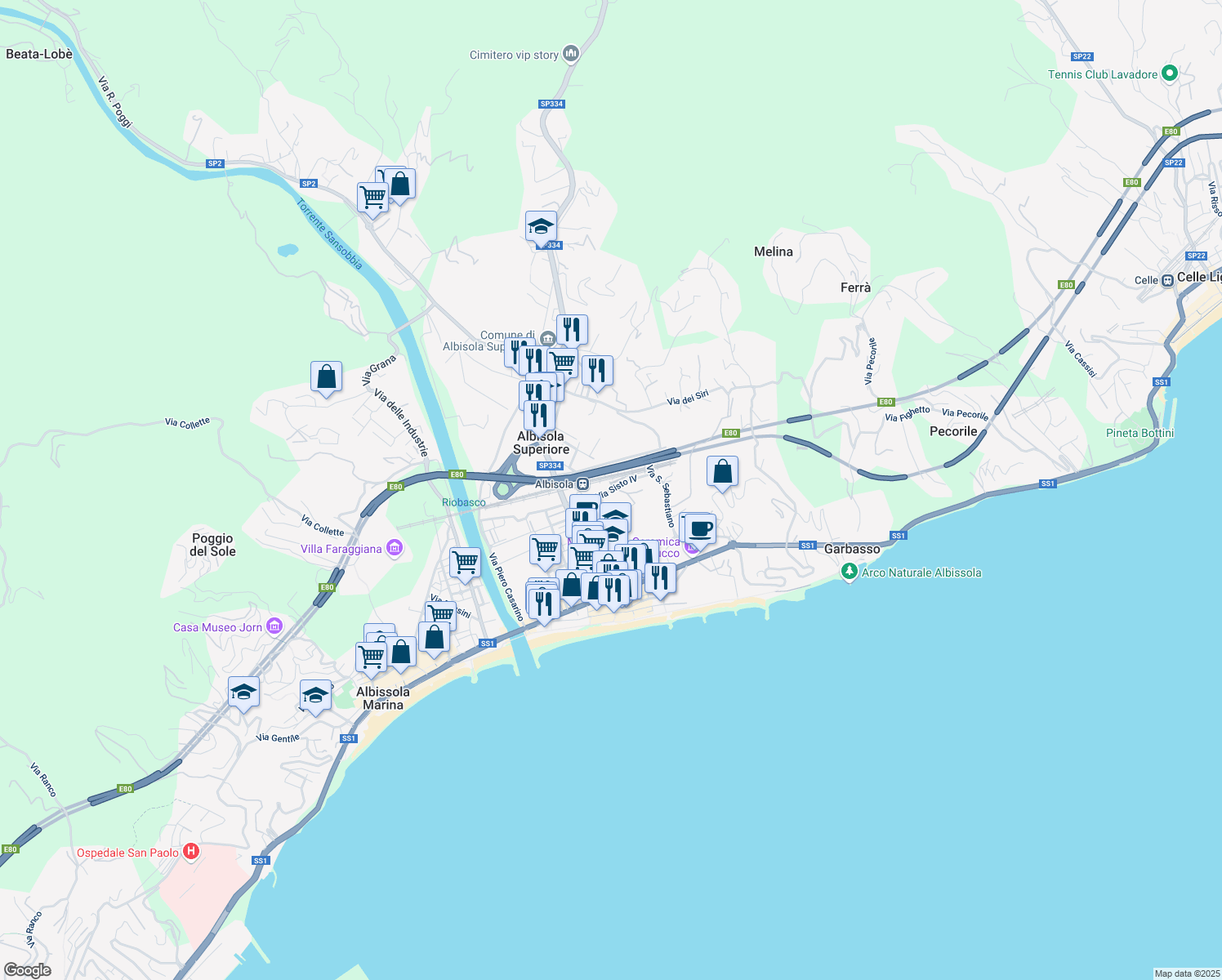 map of restaurants, bars, coffee shops, grocery stores, and more near 14 Via Sisto IV in Albisola Superiore