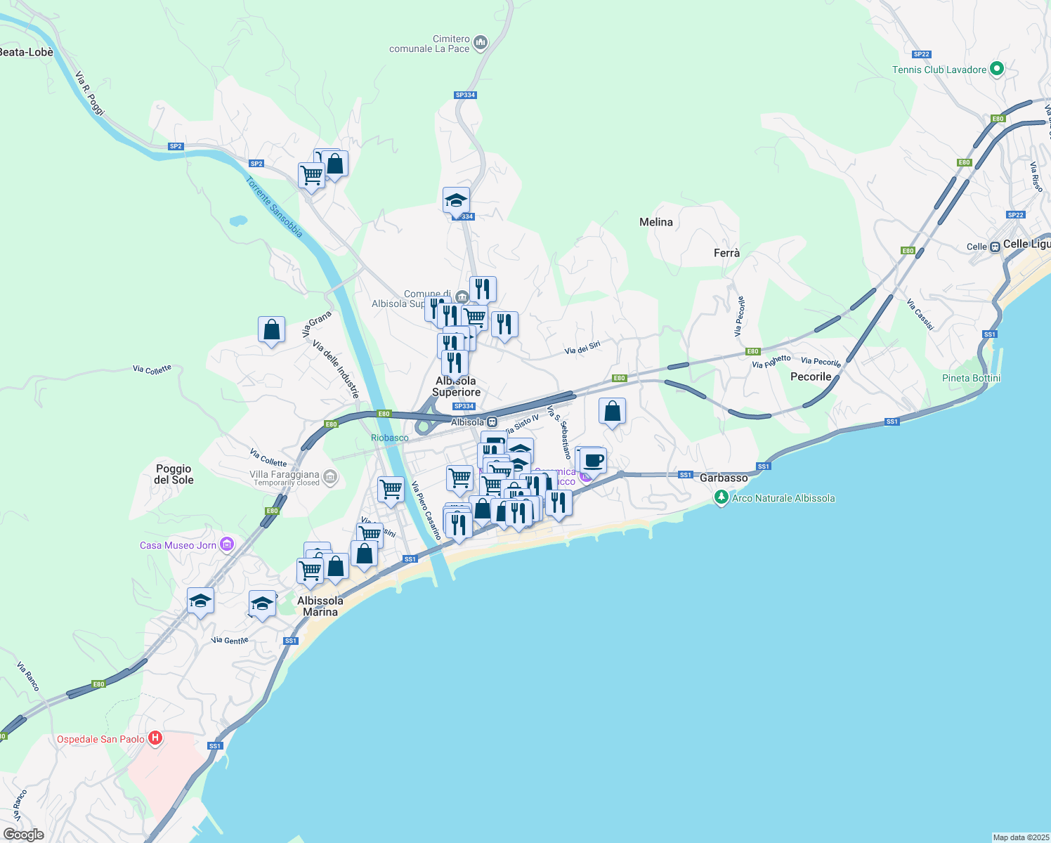 map of restaurants, bars, coffee shops, grocery stores, and more near Via Sisto IV in Albisola Superiore