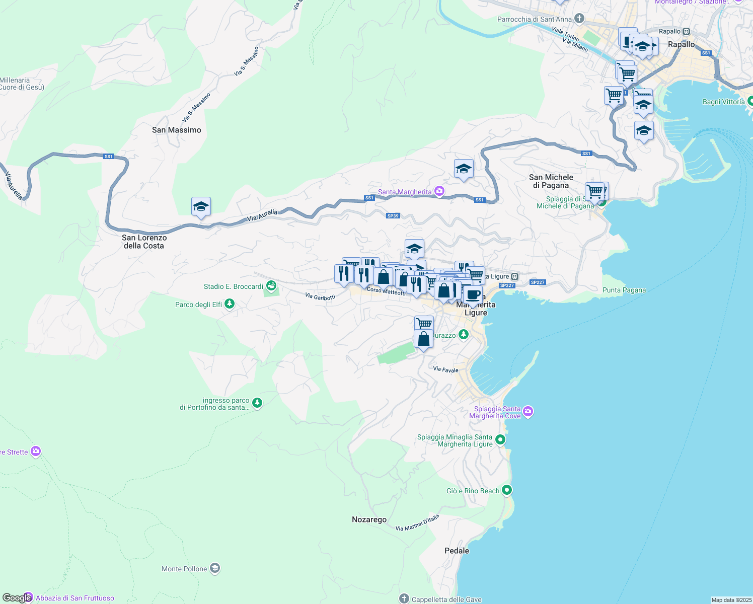map of restaurants, bars, coffee shops, grocery stores, and more near 68 Corso Matteotti in Santa Margherita Ligure