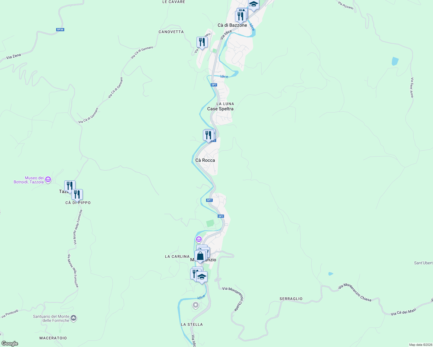 map of restaurants, bars, coffee shops, grocery stores, and more near 14 Via Costituzione in La Rocca