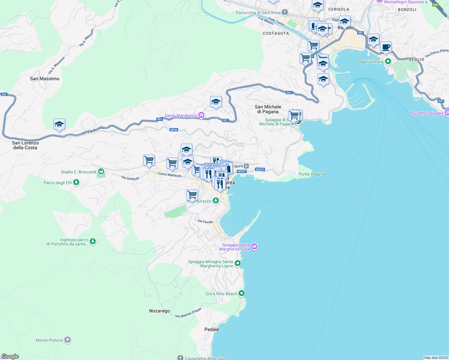 map of restaurants, bars, coffee shops, grocery stores, and more near 33 Via dell'Arco in Santa Margherita Ligure