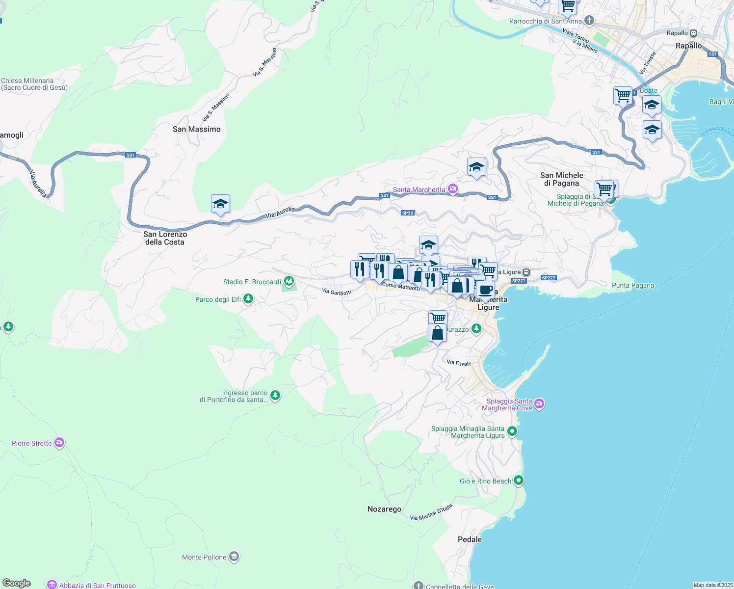 map of restaurants, bars, coffee shops, grocery stores, and more near 14 Via San Siro in Santa Margherita Ligure