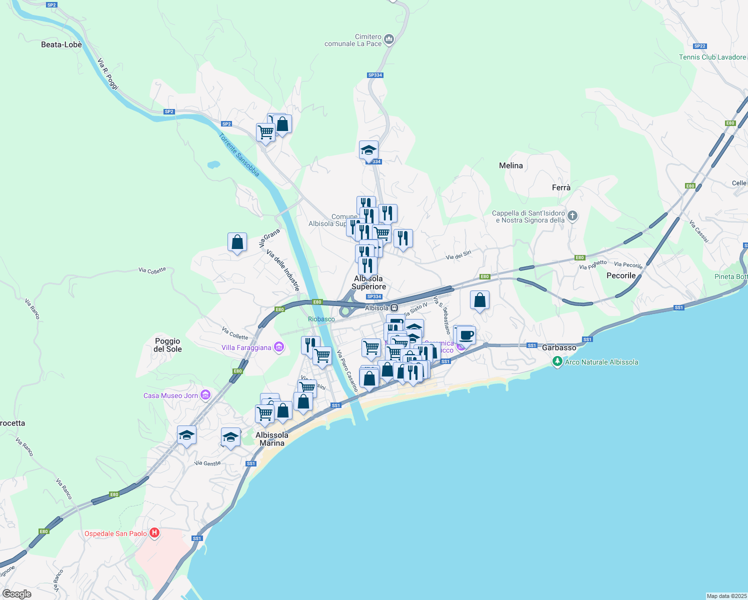 map of restaurants, bars, coffee shops, grocery stores, and more near 118 Via San Pietro in Albisola Superiore