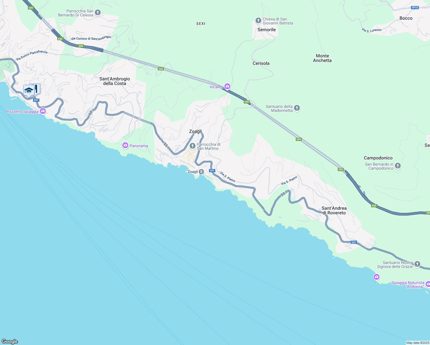 map of restaurants, bars, coffee shops, grocery stores, and more near in Zoagli